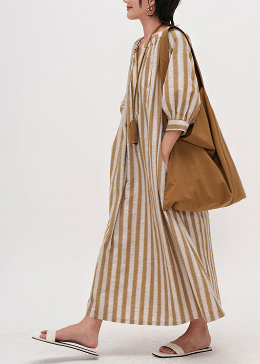 Diy Yellow Oversized Striped Linen Maxi Dress Bracelet Sleeve