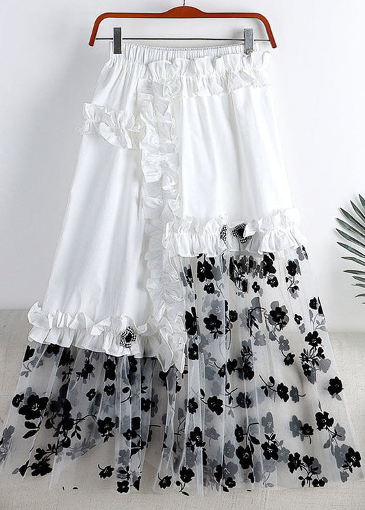 White Embroideried Elastic Waist Asymmetrical Patchwork Tulle a Line Skirt Summer