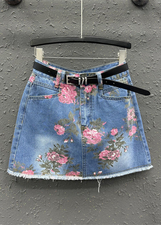 Blue Print High Waist Sashes Skirt Summer