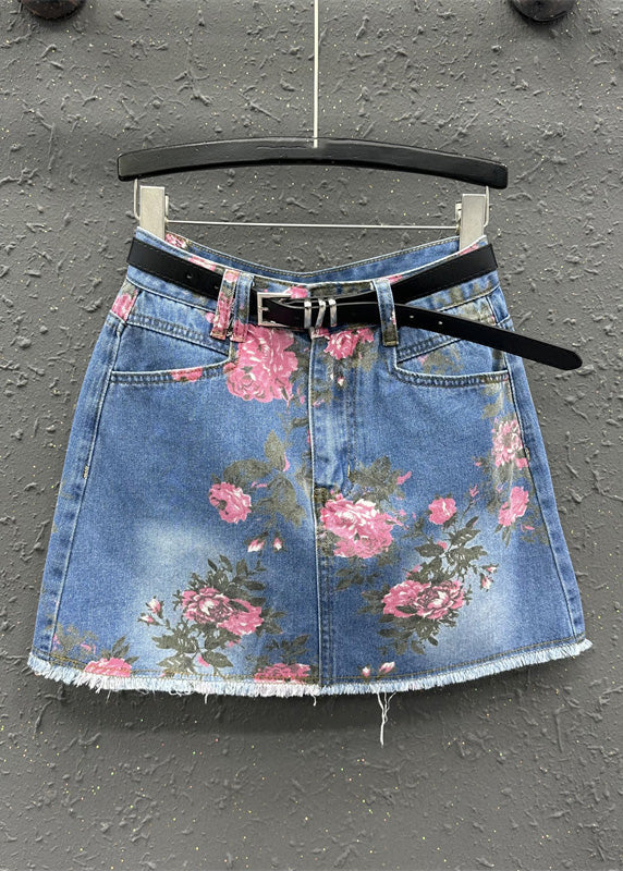 Blue Print High Waist Sashes Skirt Summer