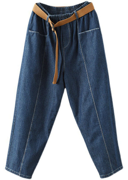 Brief Blue Elastic Waist Pockets Harem Pants Spring