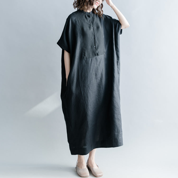 Fine Black Silk Linen Dresses Oversize Stand Baggy Dresses Caftans Short Sleeve Patchwork Gown