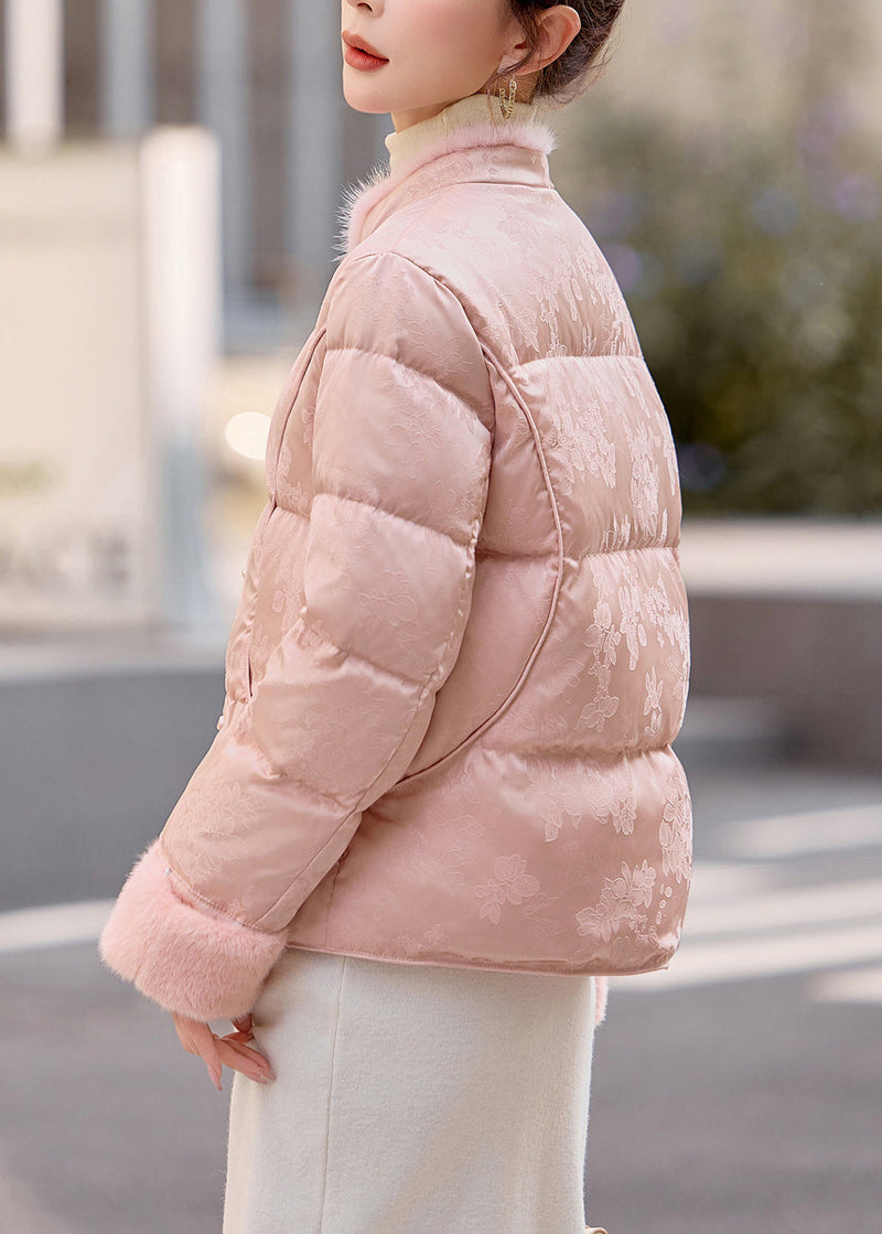 Pink Mandarin Collar Patchwork Mink Hair Duck Down Winter Coats