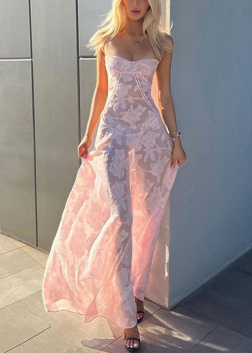 Pink Lace Up Lace Spaghetti Strap Dress Sleeveless