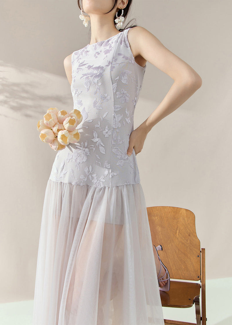Natural Colorblock Print Tulle Patchwork Long Dress Sleeveless