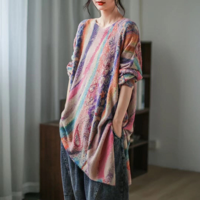 Retro Literary Print Mid-length Irregular Knitted Sweater