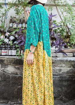 Yellow Blue Print Linen Robes O Neck Patchwork Traveling Summer Dresses