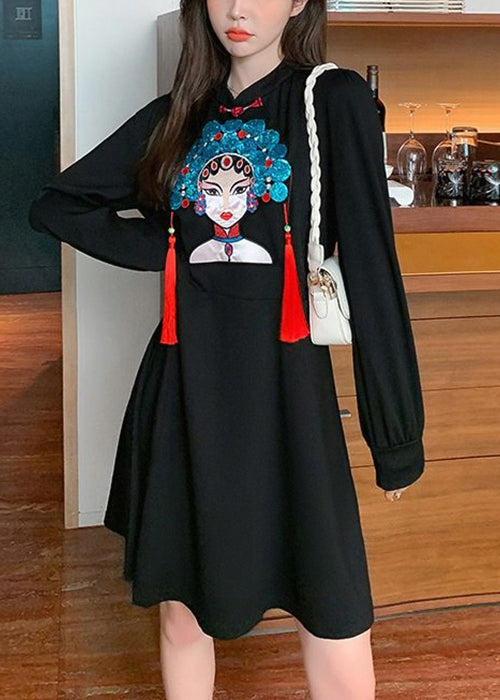 Black Tasseled Print Patchwork Cotton Dress Fall