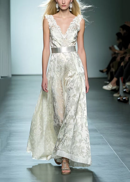 White Cinched Jacquard Silk Dinner Dress Summer