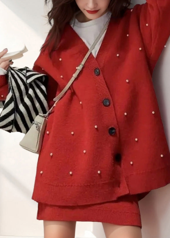Red V Neck Nail Bead Cotton Knit Cardigan and Skirts Two Pieces Set Spring