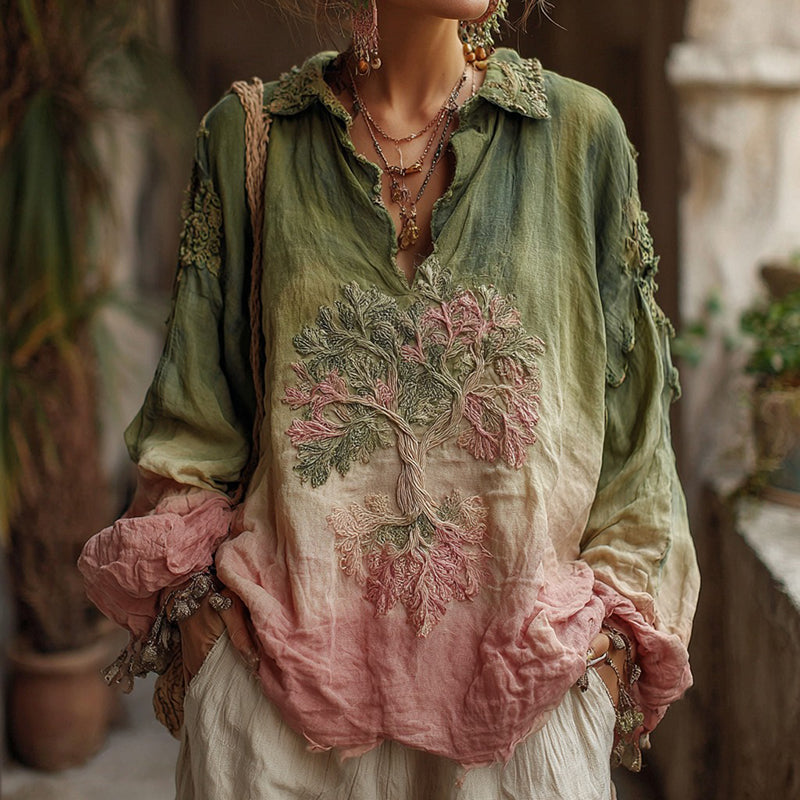 Women's Vintage Viking Tree Of Life Gradient Linen Shirt elevenforest