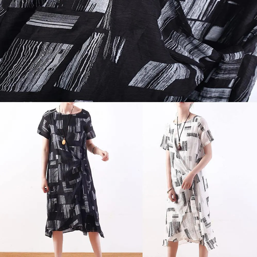 Black Linen Clothes Tie Waist Long Summer Prints Dresses