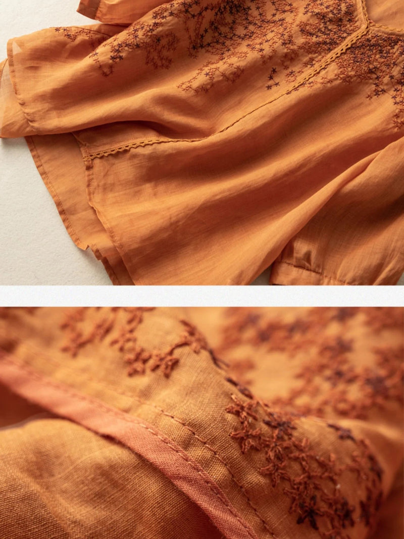 Embroidered V Neck 3/4 Sleeve Linen Top
