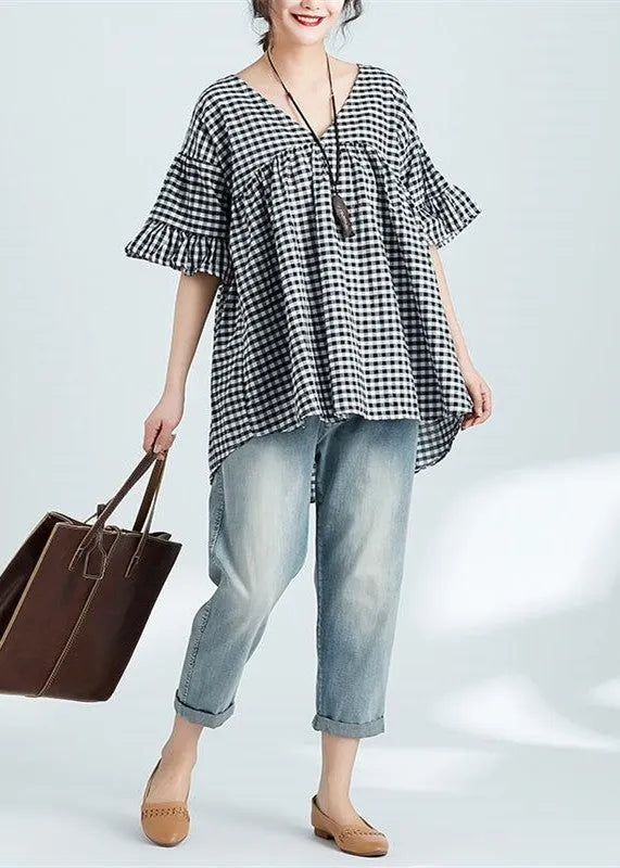 Art V Neck Butterfly Sleeve Linen Tops Indian Work Black Plaid Daily Tops