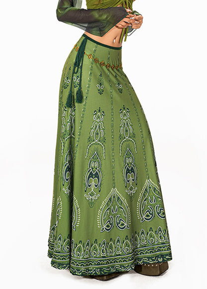 Art Green Print High Waist a Line Skirt Summer