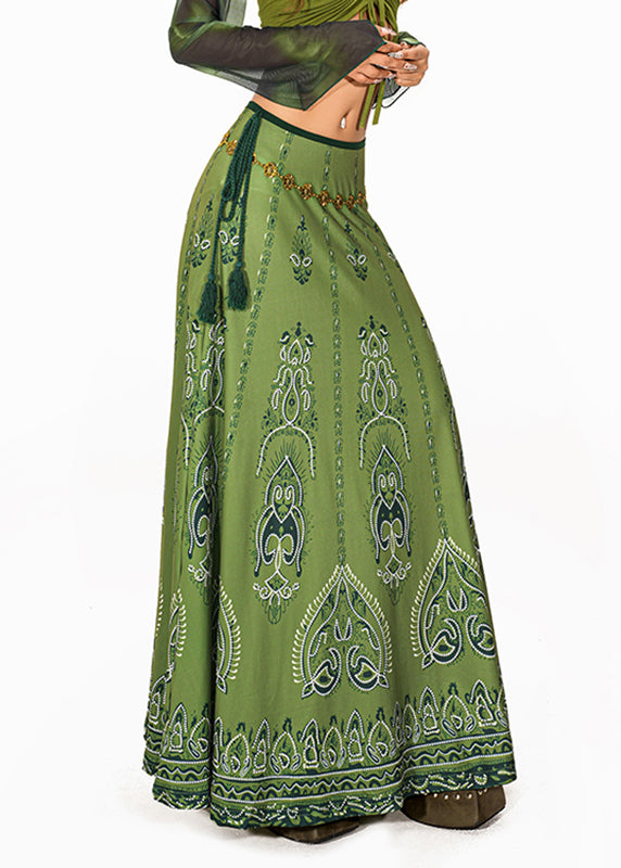 Art Green Print High Waist a Line Skirt Summer