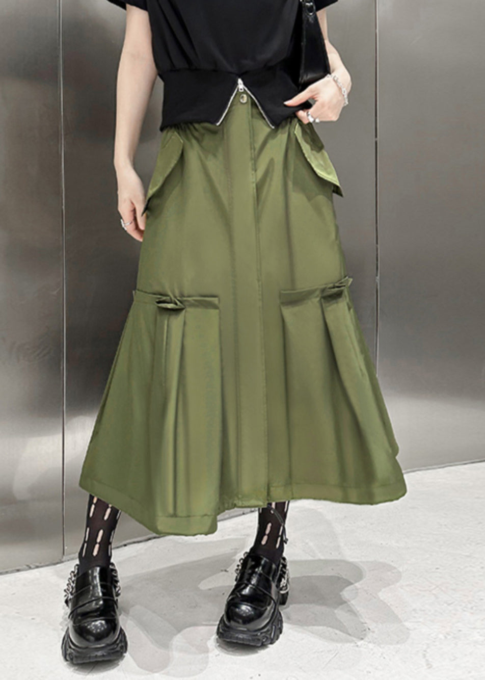 New Army Green Pockets High Waist Patchwork Cotton a Line Skirts Fall