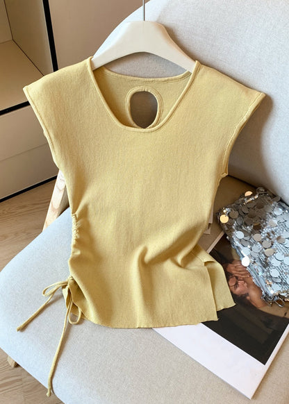 Yellow Cinched Side Open Knit T Shirt Hollow Out