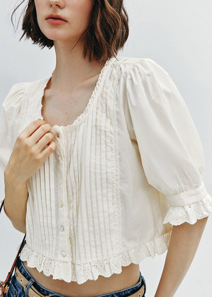 White Wrinkled Lace Patchwork Cotton Top Summer