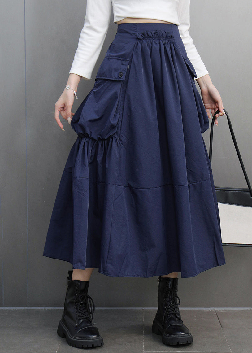 Modern Navy Asymmetrical Pockets Patchwork Elastic Waist a Line Skirts Spring
