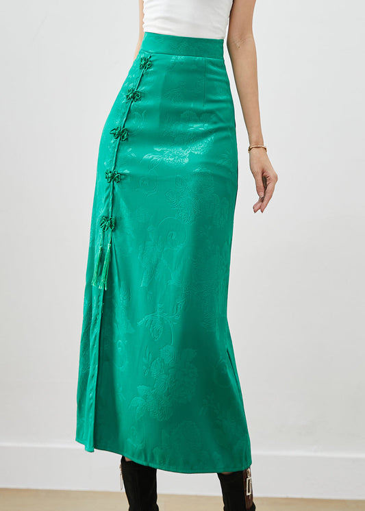Green Jacquard Chinese Button Silk Wraped Skirt Fall