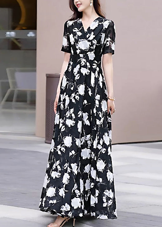 Black V Neck Print Chiffon Long Dress Summer
