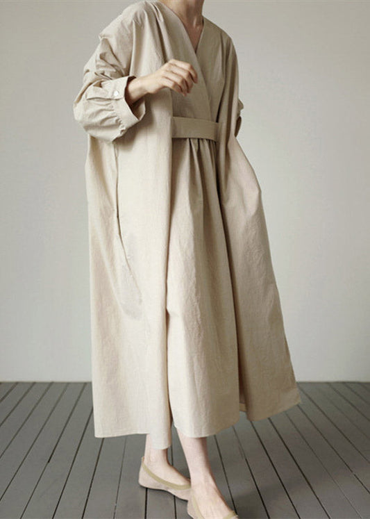 Beige V Neck Wrinkled Cotton Dress Long Sleeve