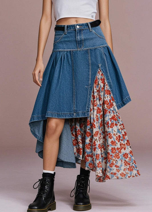 Navy Asymmetrical Patchwork Print Denim Skirt Spring