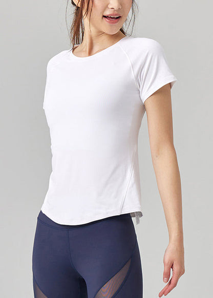 White Tulle Patchwork Short Sleeve Yoga Top