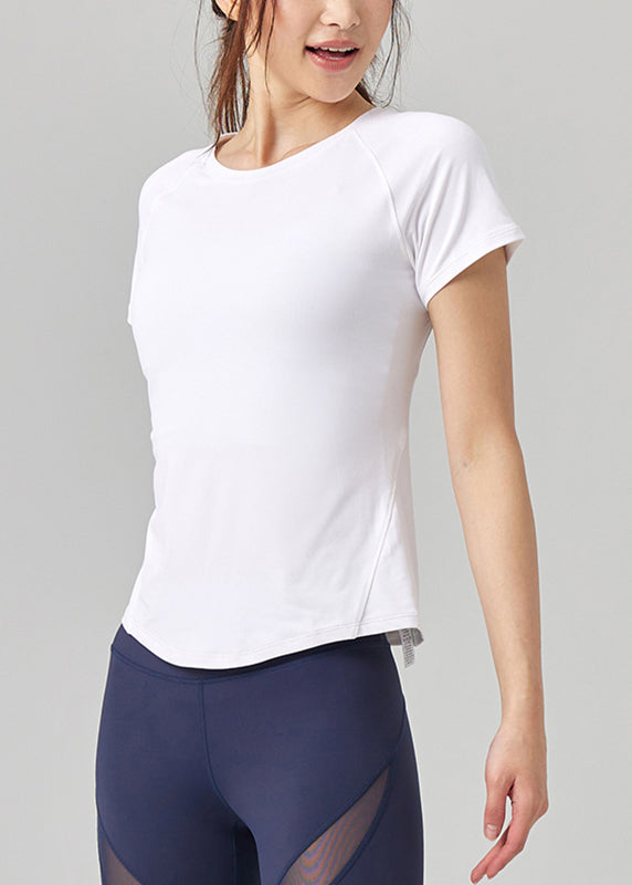 White Tulle Patchwork Short Sleeve Yoga Top