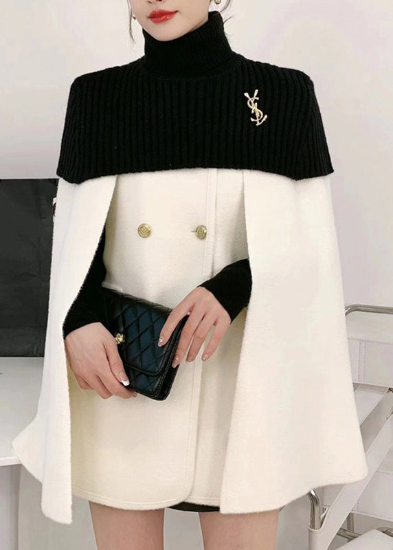 White O-neck Knit Patchwork Cape and Woolen Coats Two Piece Set Spring