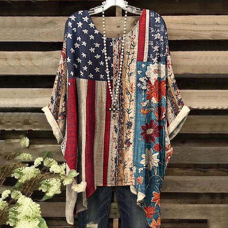 Vintage Independence Day American Flag With Floral Art Irregular Shirt elevenforest