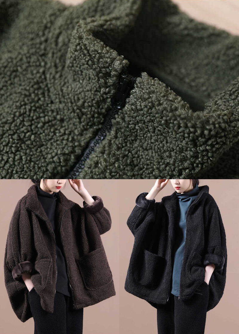 Coffee Warm Teddy Faux Fur Loose Coats Zip Up Batwing Sleeve