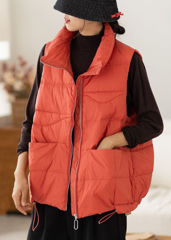 Red Stand Collar Zip Up Pockets Drawstring Duck Down Vest Winter