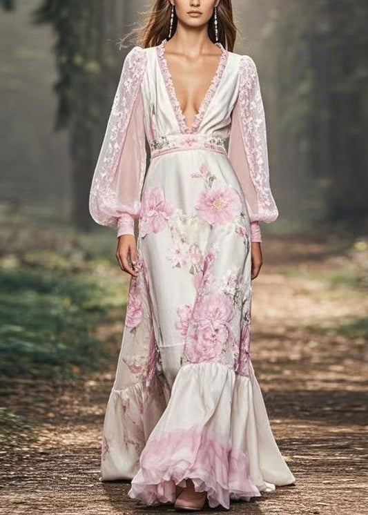V Neck Print Patchwork Chiffon Maxi Dresses Spring