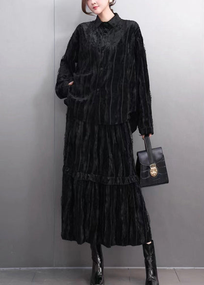 Fine Black Ruffled Wrinkled Shirt and Maxi Skirts Two Pieces Set Spring