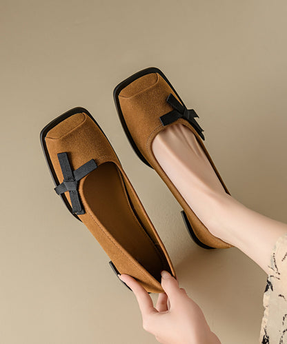 Apricot Suede Flat Shoes Splicing Bow