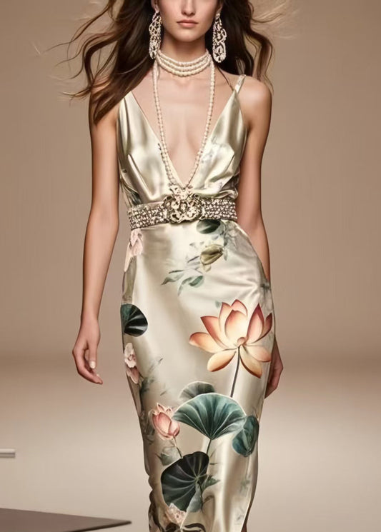 French Champagne Print Side Open Silk Tunic Dress Summer