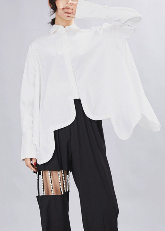 Loose White Peterpan Collar Button Asymmetrical Design Fall Shirt Top Long Sleeve