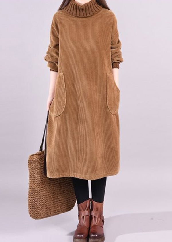 Coffee Patchwork Thick Corduroy Dresses Turtle Neck Long Sleeve