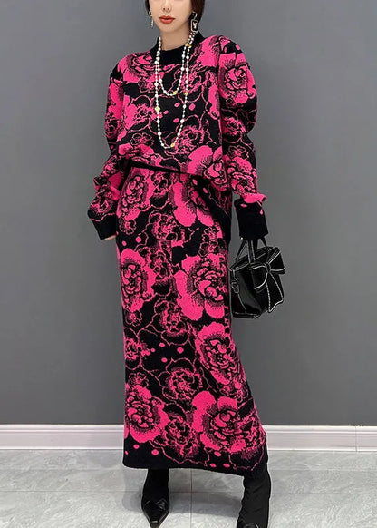 Slim Fit Rose O-neck Print Top and Maxi Skirts Two Piece Set Fall