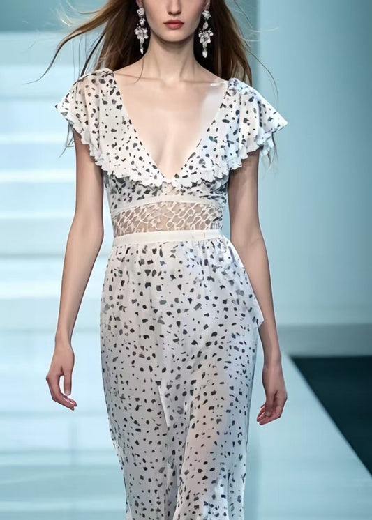 White Deep-v Patchwork Print Chiffon Party Dress Summer