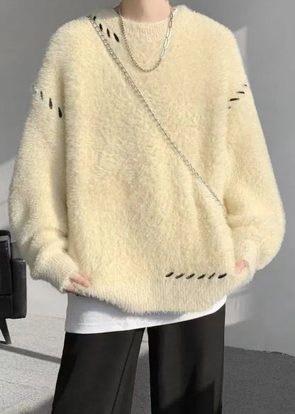 Simple Beige O Neck Mink Hair Knitted Sweater Winter