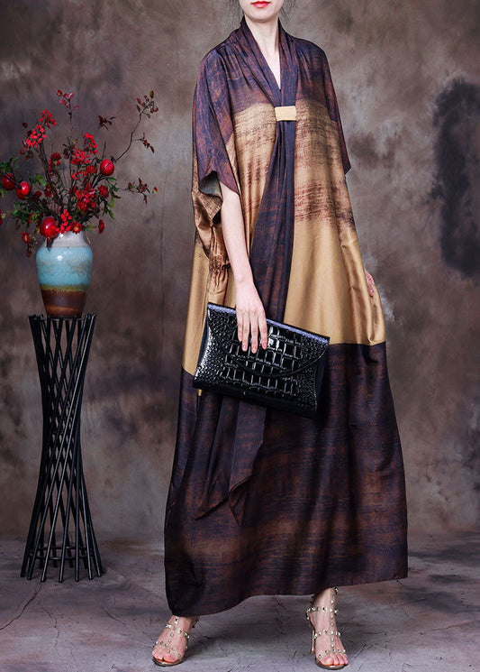 Yellow Coffee Bow Collar Print Silk Dress Batwing Sleeve