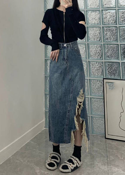 Blue Asymmetrical Pockets Patchwork High Waist a Line Skirt