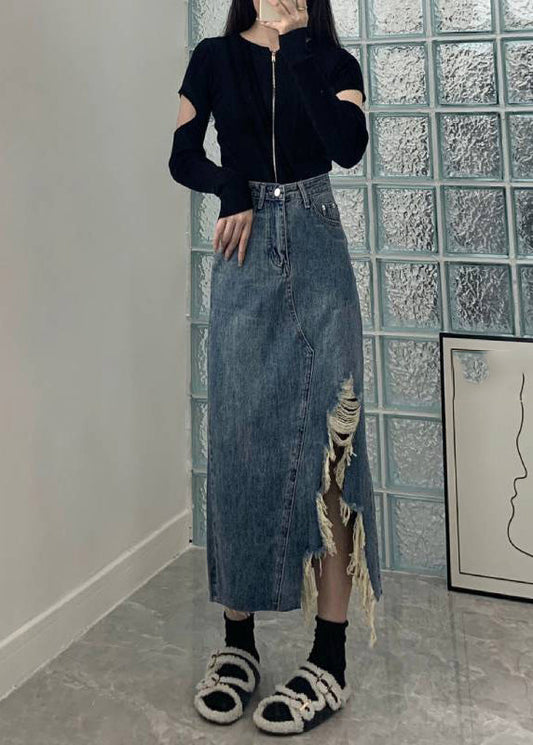 Blue Asymmetrical Pockets Patchwork High Waist a Line Skirt