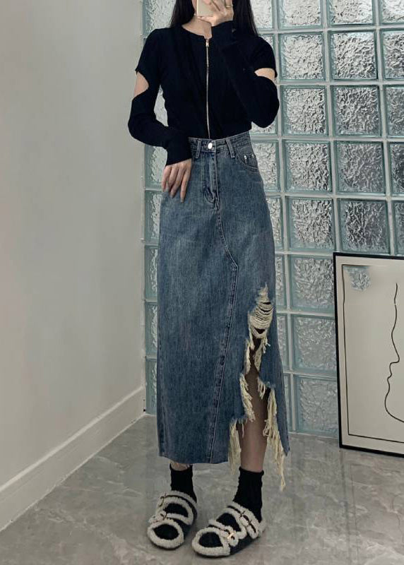 Blue Asymmetrical Pockets Patchwork High Waist a Line Skirt