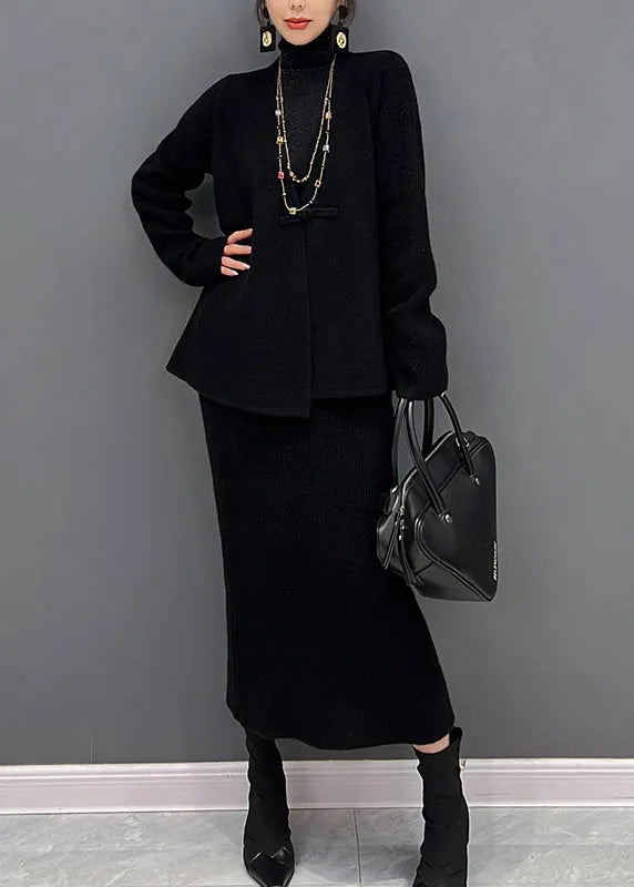 Black V Neck Knit Cardigans and Skirts Two Pieces Set Winter