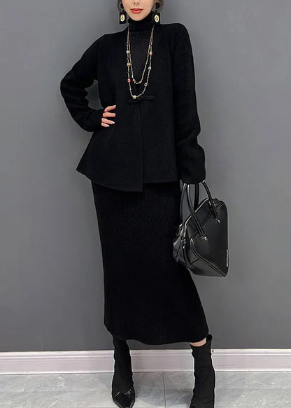 Black V Neck Knit Cardigans and Skirts Two Pieces Set Winter