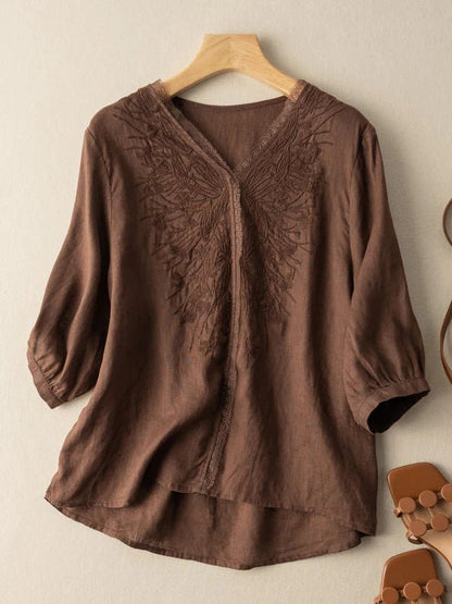 Embroidered V Neck 3/4 Sleeve Linen Tee Top